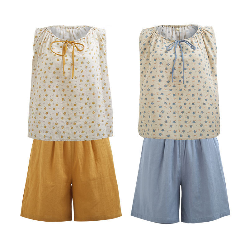 女夏舒適蝴蝶結無袖撞色印花居家套裝