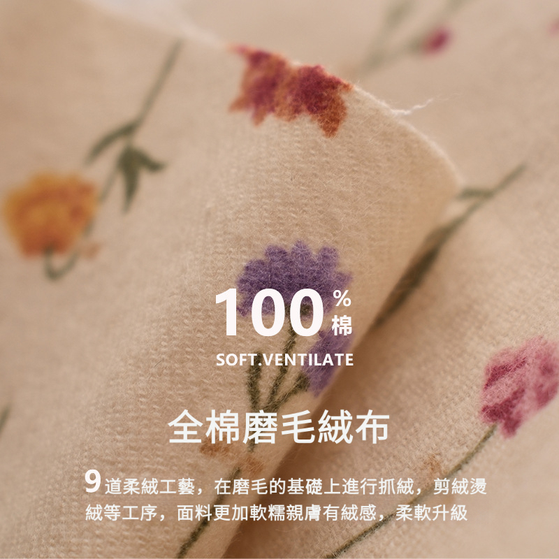 女士秋冬全棉磨毛絨布碎花圓領長袖長褲居家服