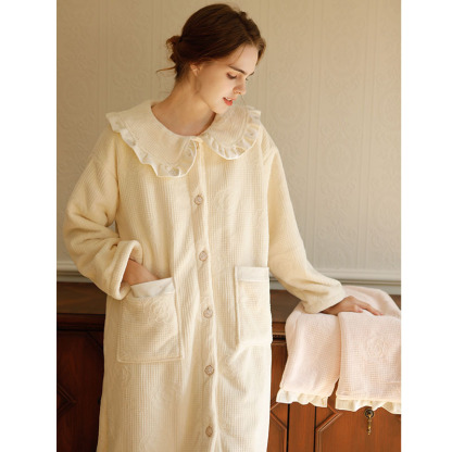 女秋冬娃娃領法蘭絨山茶花長袖睡裙