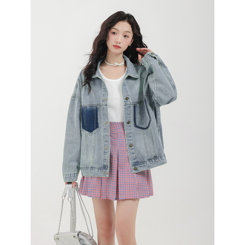 女士春秋港風拼色多口袋牛仔外套