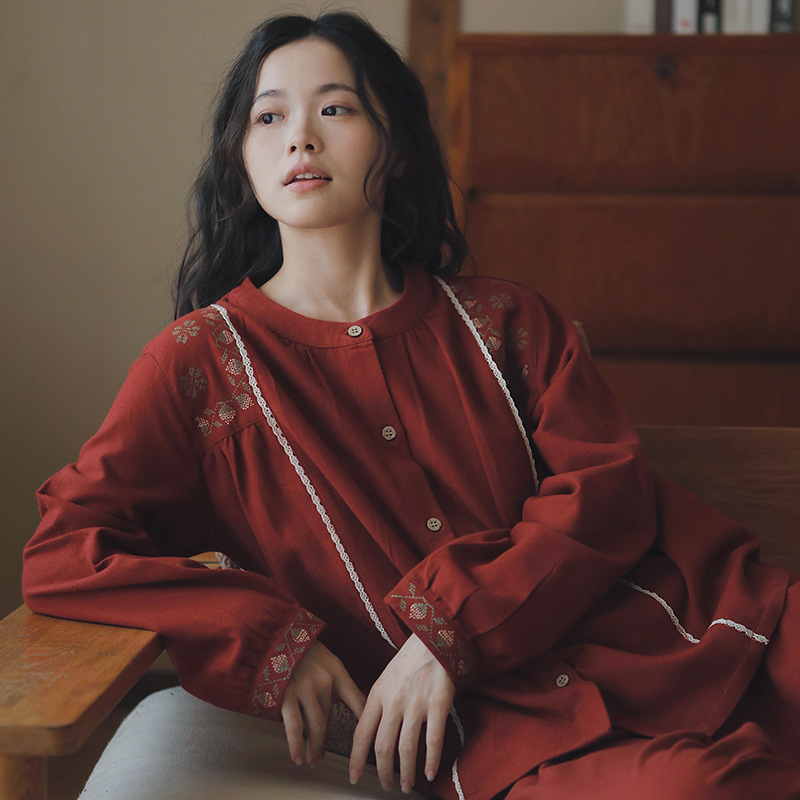 女士秋冬純棉磨毛刺繡袖口長袖長褲居家服