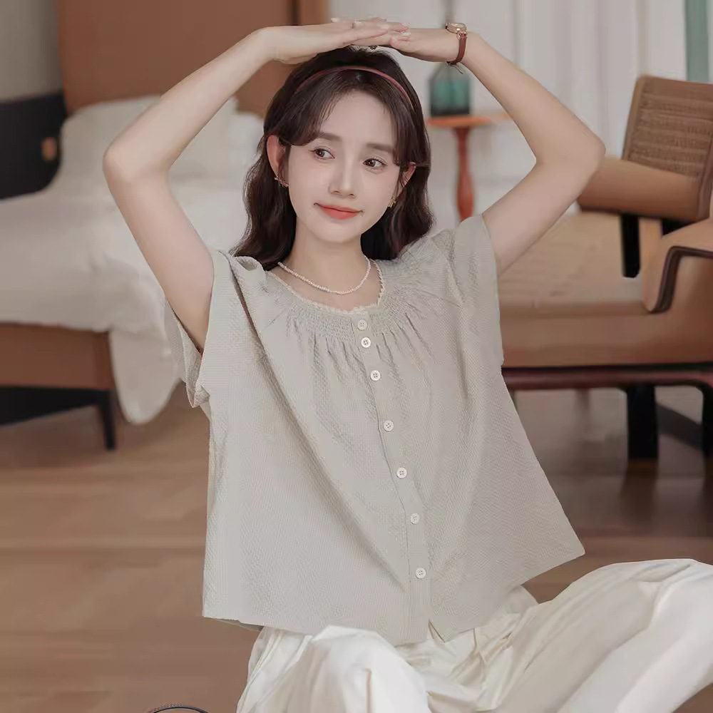 女夏花邊圓領無袖襯衣