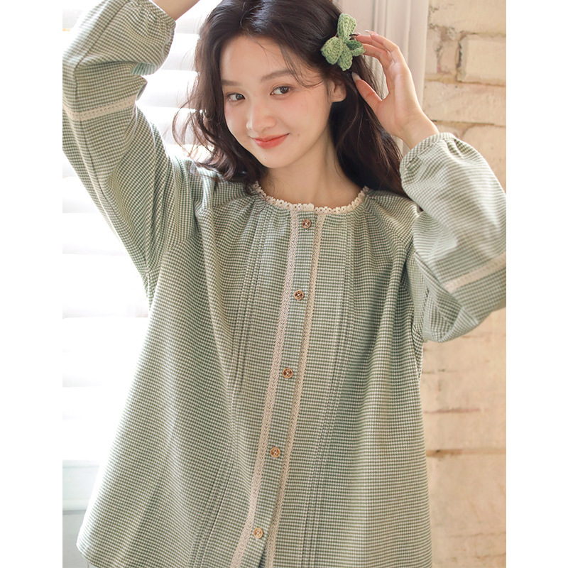 女士秋冬純棉磨毛花邊小圓領長袖長褲家居服