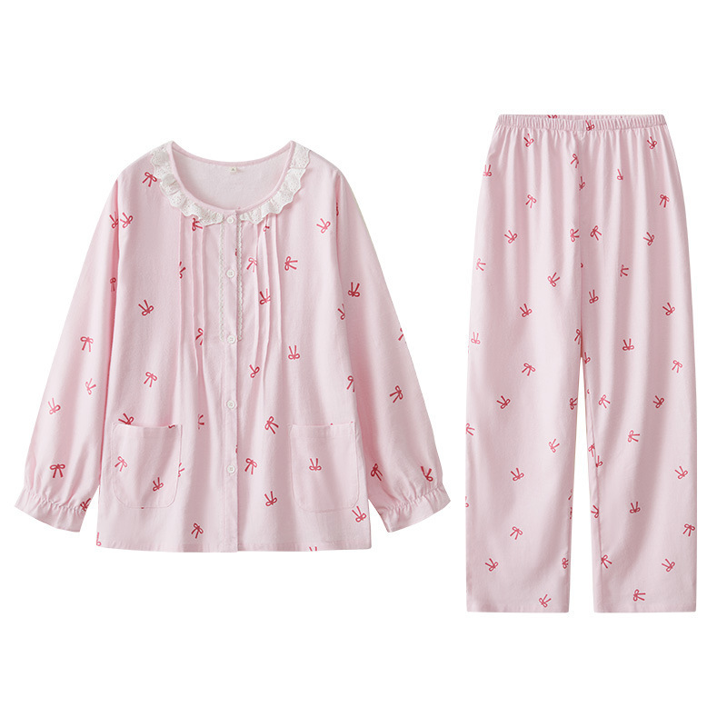 女士秋冬純棉磨毛蝴蝶結圓領花邊長袖長褲居家服