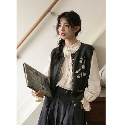 女士春季勾花刺繡明線針織開衫馬甲