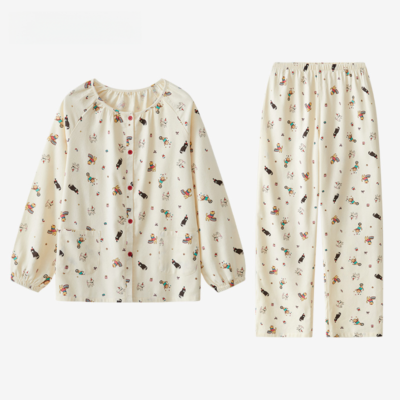 女士秋冬全棉磨毛絨布馬戲團圓領長袖長褲居家服