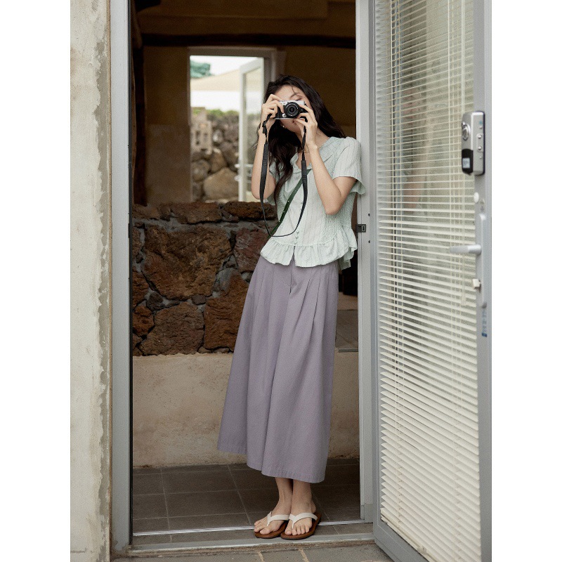 女夏亞麻條紋V領短袖襯衫