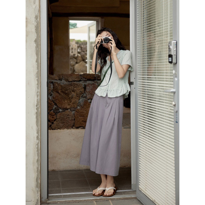 女夏亞麻條紋V領短袖襯衫