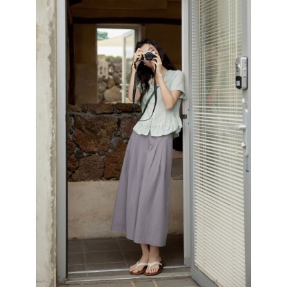 女夏亞麻條紋V領短袖襯衫