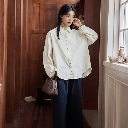 女士秋冬刺繡純色杏色長袖襯衫