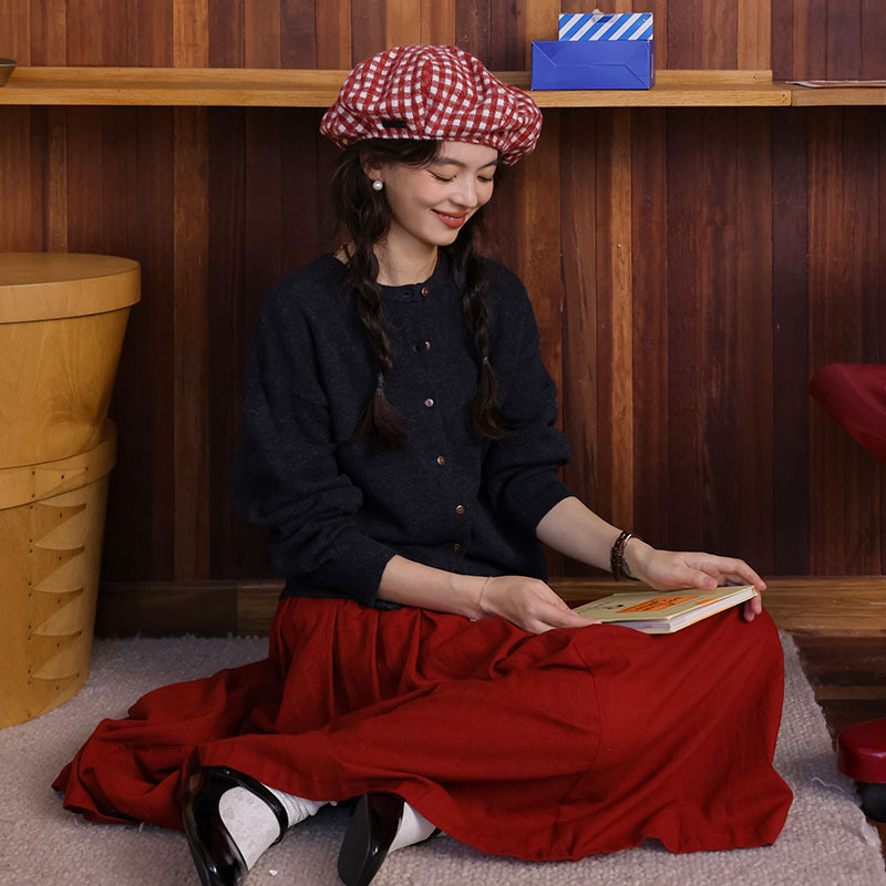 女士秋季復古紅色A字中長裙