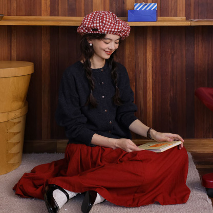 女士秋季復古紅色A字中長裙