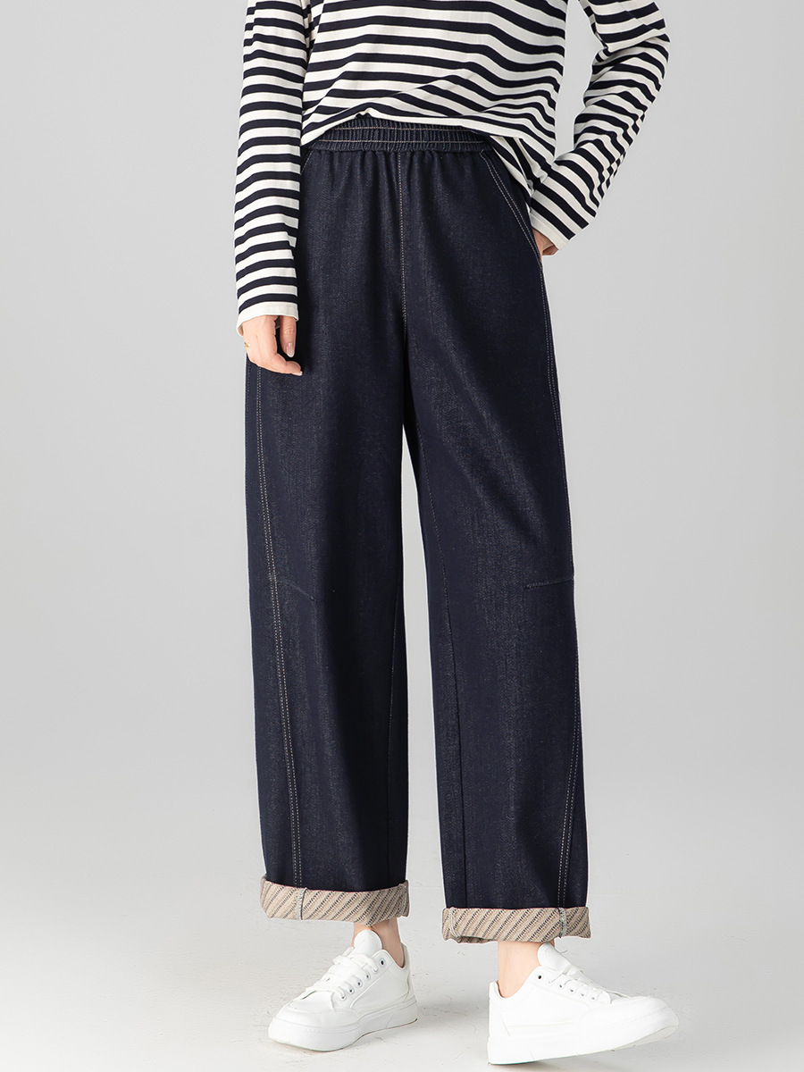 女士秋季鬆緊腰九分直筒牛仔褲