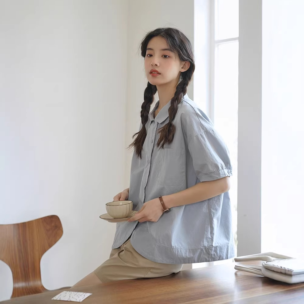 女夏復古小翻領短袖衫衣