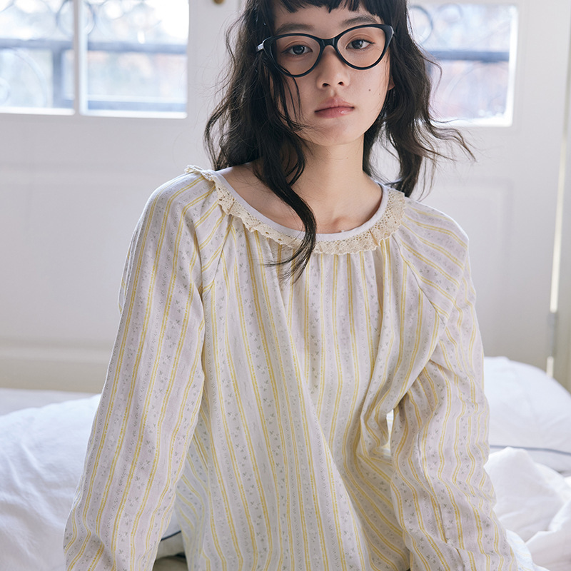 女款纯棉日系蕾絲邊長袖睡衣套装