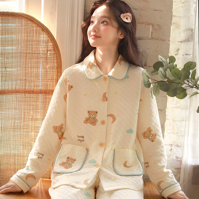 女春秋冬全棉夾棉小熊長袖家居服