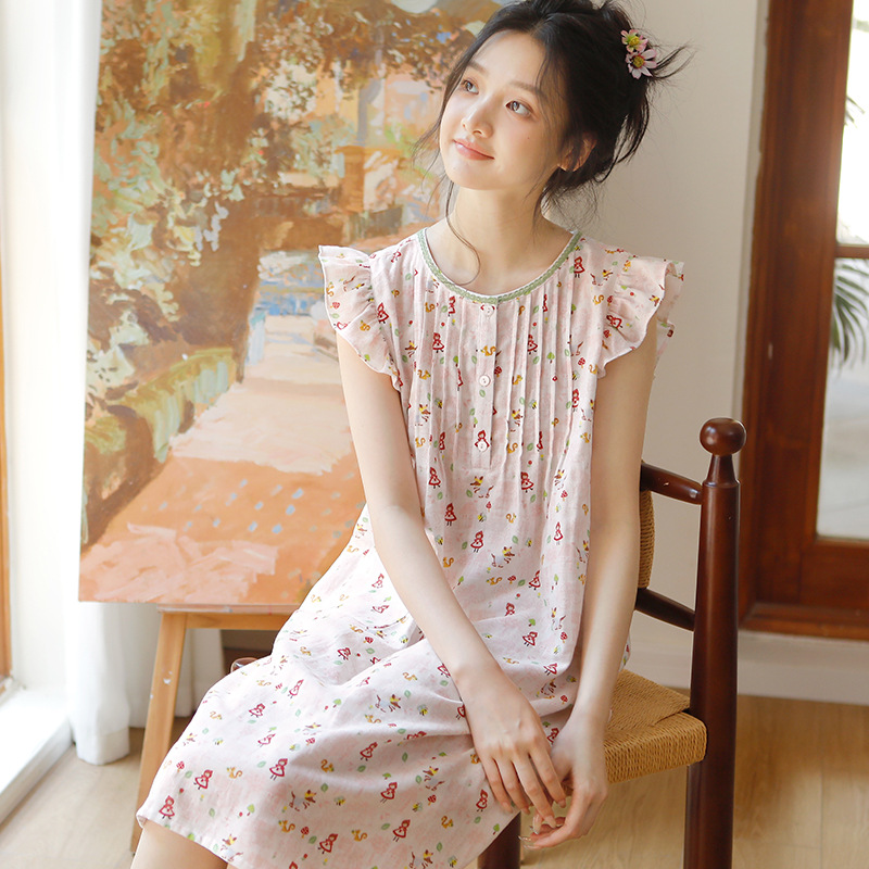 女款夏季碎花小飛袖無袖睡裙