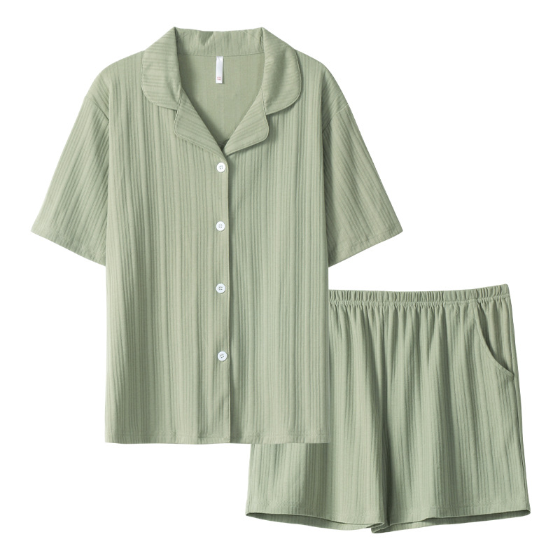 情侶款夏純棉短袖短褲開衫居家服