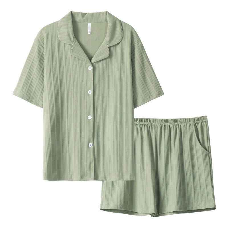 情侶款夏純棉短袖短褲開衫居家服