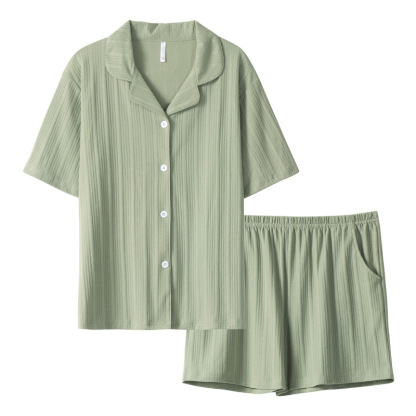 情侶款夏純棉短袖短褲開衫居家服