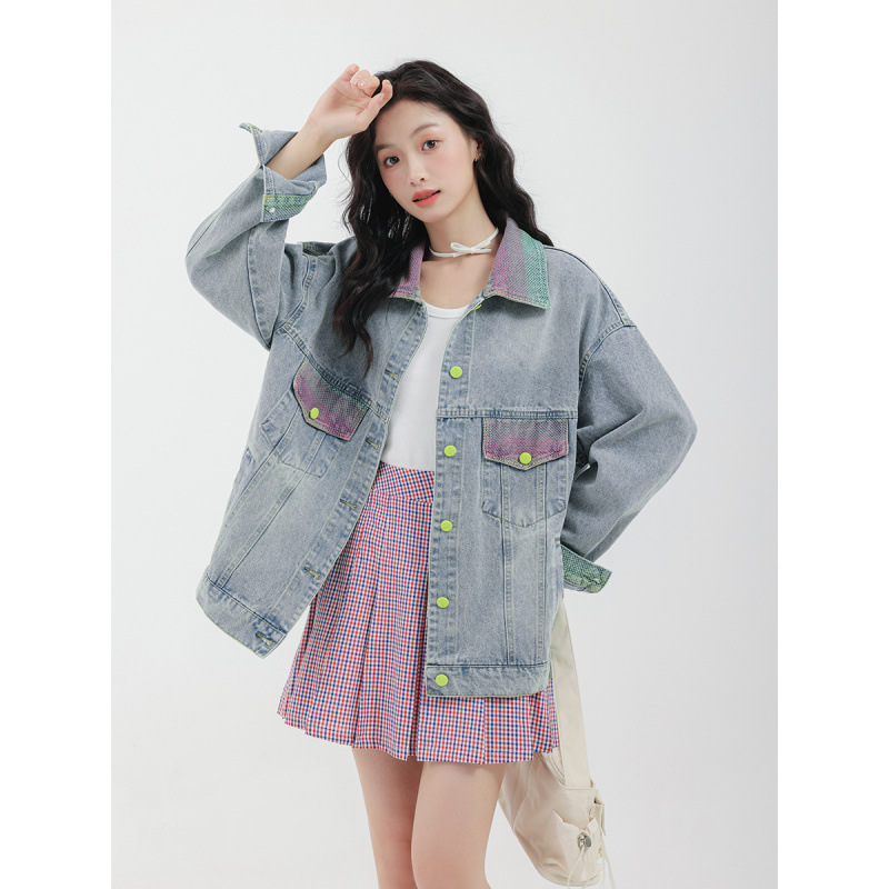 女士春秋炸街拼色個性牛仔外套