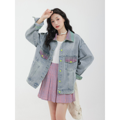 女士春秋炸街拼色個性牛仔外套