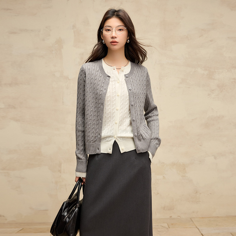 女士春秋假兩件羊毛針織開衫