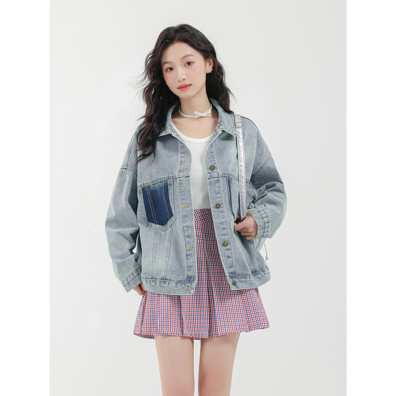 女士春秋港風拼色多口袋牛仔外套