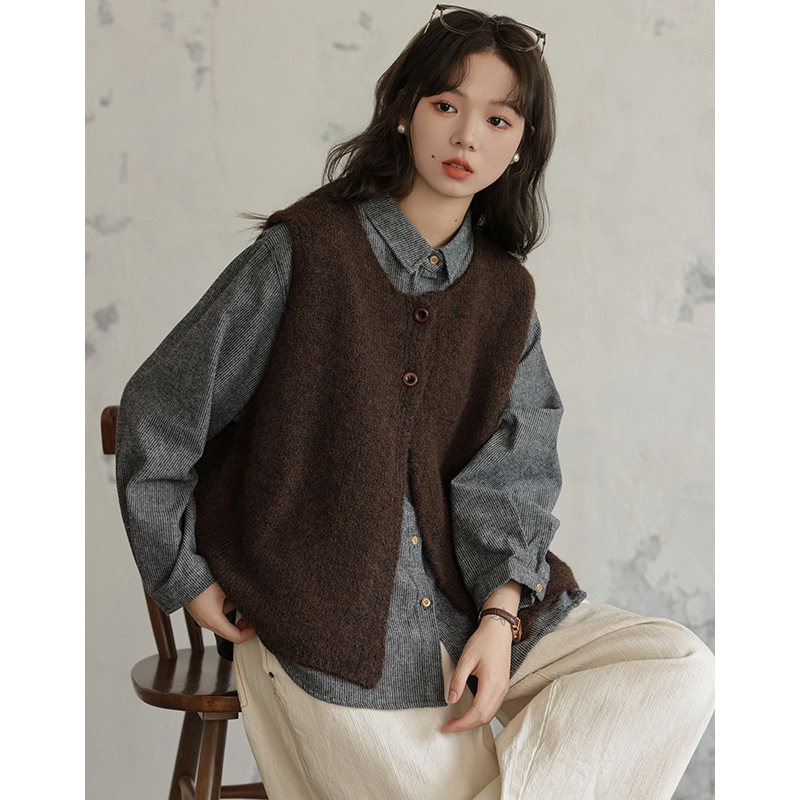 女士日系加厚寬鬆開衫針織毛衣馬甲