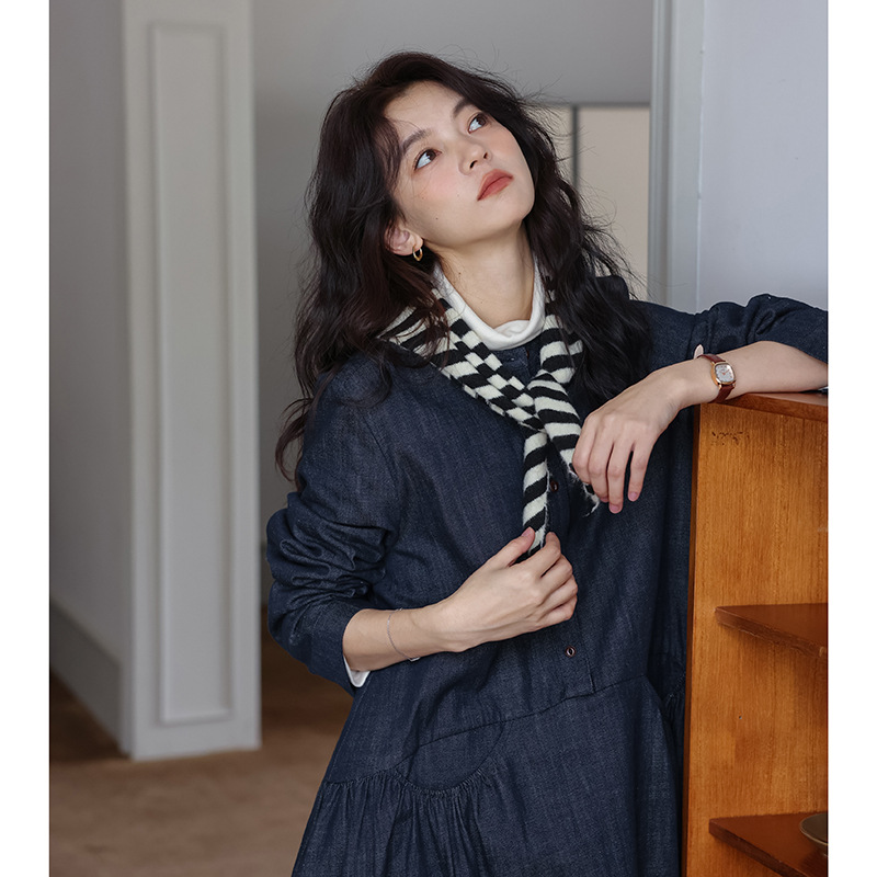 女士秋季森系圓領寬鬆牛仔連衣裙