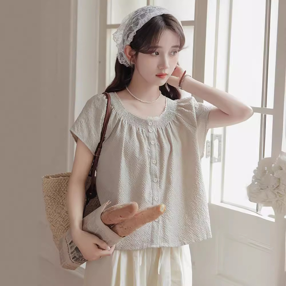 女夏花邊圓領無袖襯衣