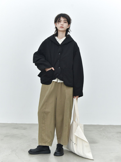 女士冬季廓形立體波浪門襟連帽棉外套