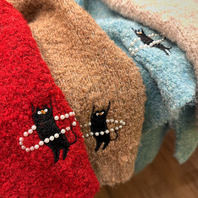 情侶款甜辣黑貓羊毛混紡圍巾