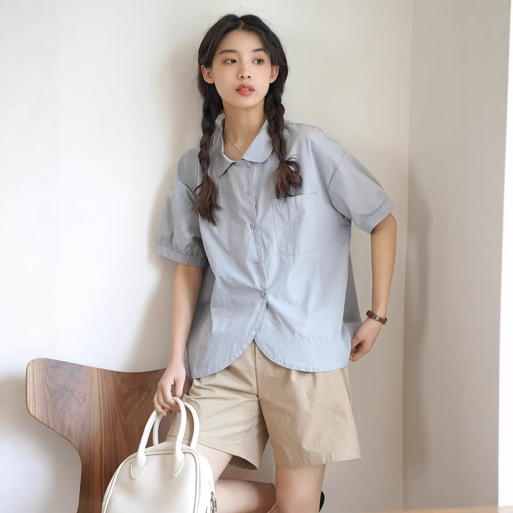 女夏復古小翻領短袖衫衣