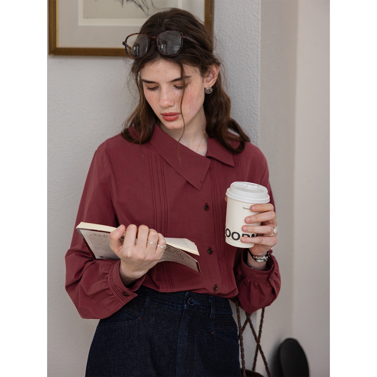 女春秋百褶斜門襟歪領長袖襯衫