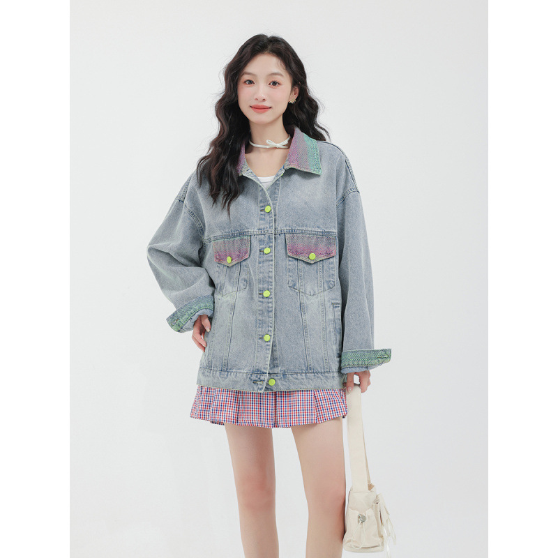 女士春秋炸街拼色個性牛仔外套