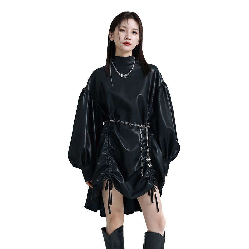 女士不規則抽繩立領斗篷燈籠袖連衣裙（oversize版型）