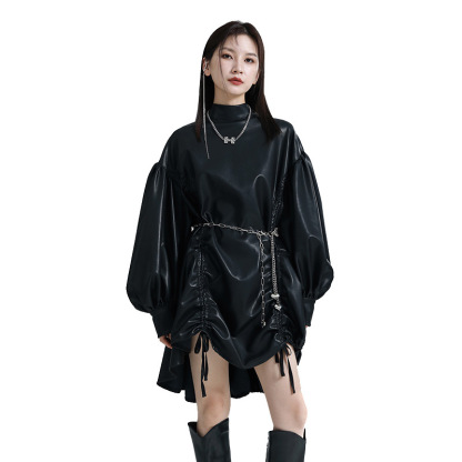 女士不規則抽繩立領斗篷燈籠袖連衣裙（oversize版型）