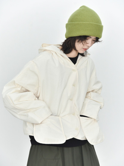 女士冬季廓形立體波浪門襟連帽棉外套