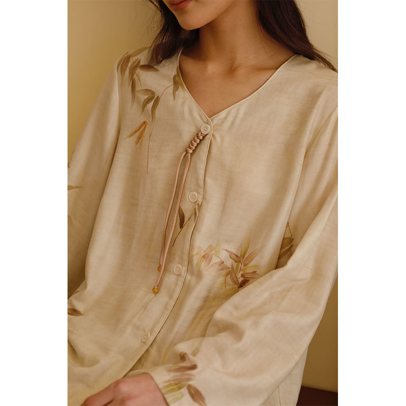 女款竹棉竹韻印花桃心領套頭長袖睡衣套裝