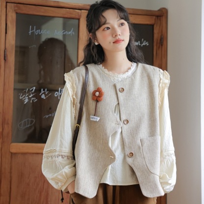 女士日系西裝小花裝飾毛線花朵波浪邊馬甲+蕾絲邊白色襯衫