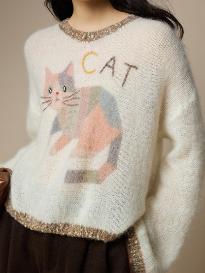 女士春秋印染海馬毛羊毛針織衫