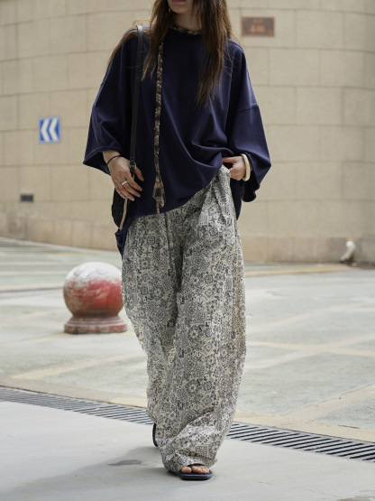 女士春秋波西米亞風腰果花休閒褲