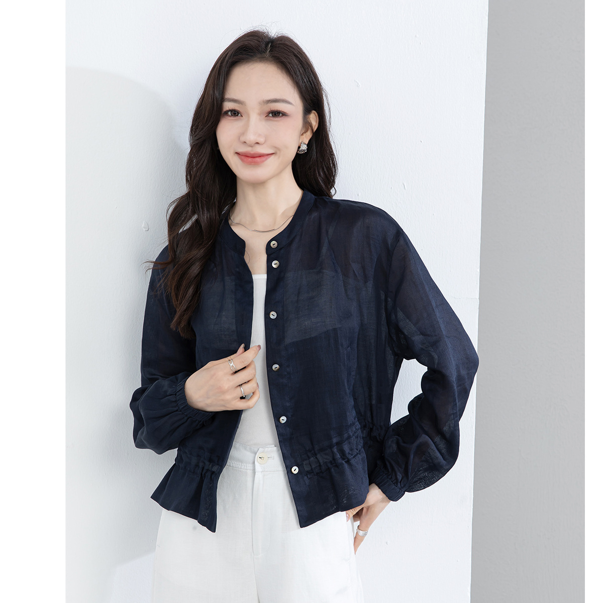 女夏苧麻荷葉邊小立領襯衫