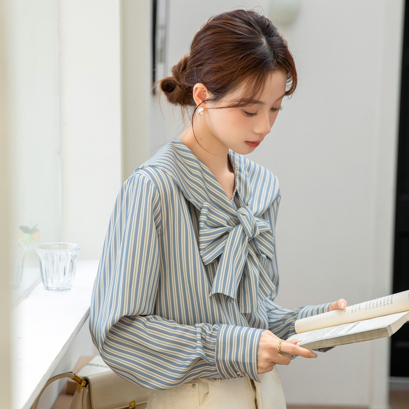 女士春秋海軍領蝴蝶結條紋長袖襯衫