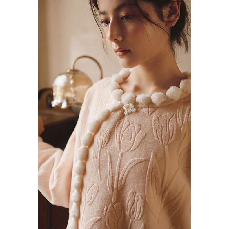 女秋冬加絨簡約提花甜美盤口國風睡裙