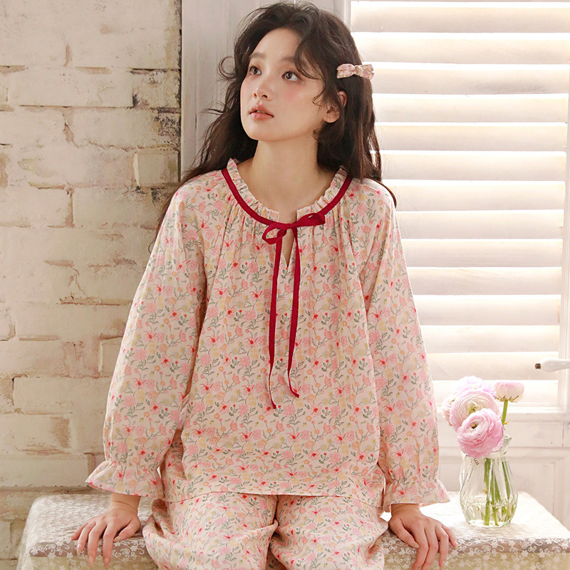 女春秋棉紗碎花九分袖居家服