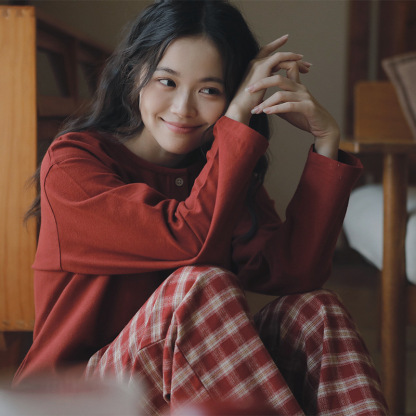 女士春秋純棉磨毛紅色圓領長袖長褲居家服