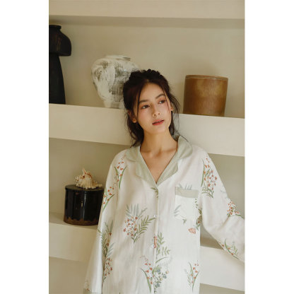 女士春秋天竹纖維淡雅印花翻領撞色長袖睡衣套裝