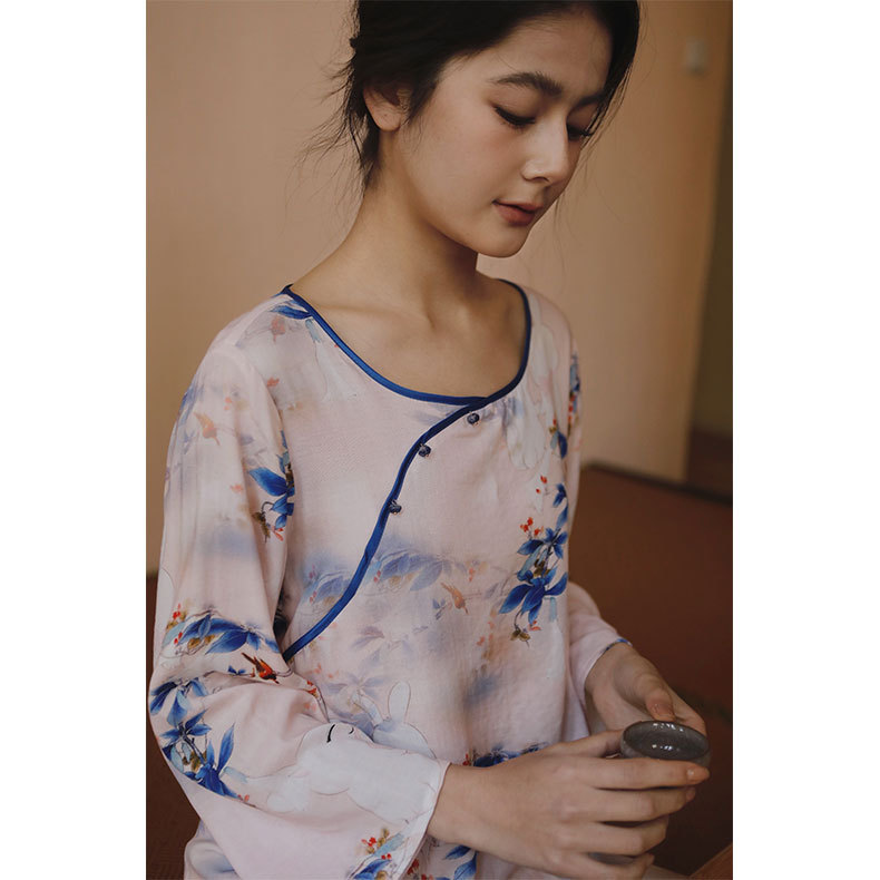 女款竹棉國風斜襟南笙印花長袖睡衣套裝